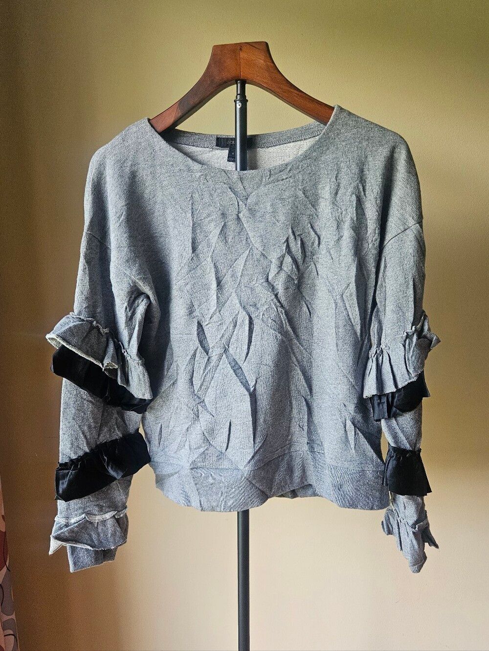 J. Crew Gray Top with Gray And Black Ruffled Sleeves Size Small